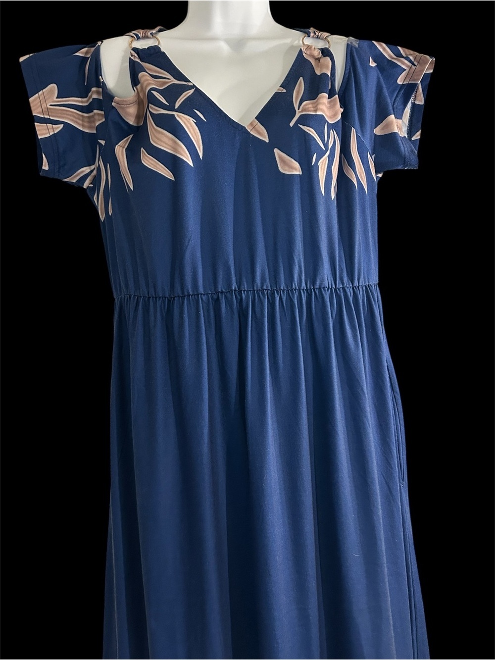 Navy Blue Maxi Dress with Beige Leaf Print - Picture 4 of 5